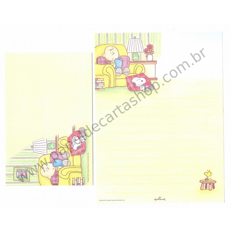 Conjunto de Papel de Carta Snoopy & Charlie Brown Reading Antigo Peanuts Hallmark