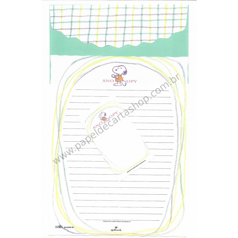 Conjunto de Papel de Carta Snoopy Verde Antigo Peanuts Hallmark Denz