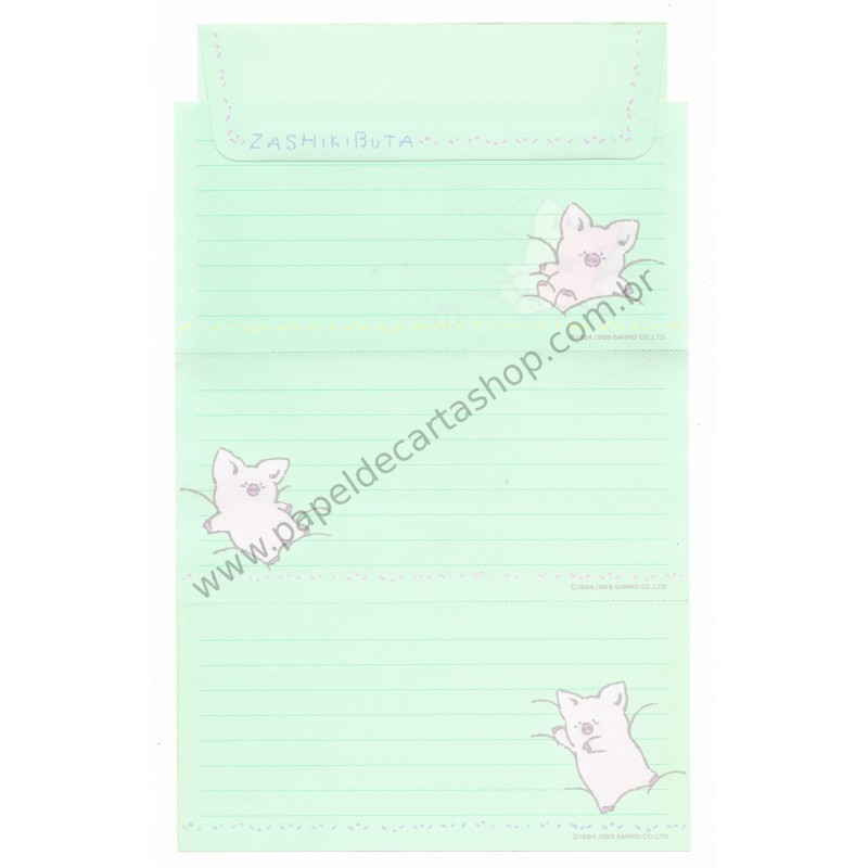 Ano 1989. Conjunto de Papel de Carta Zashikibuta GRE Sanrio Vintage