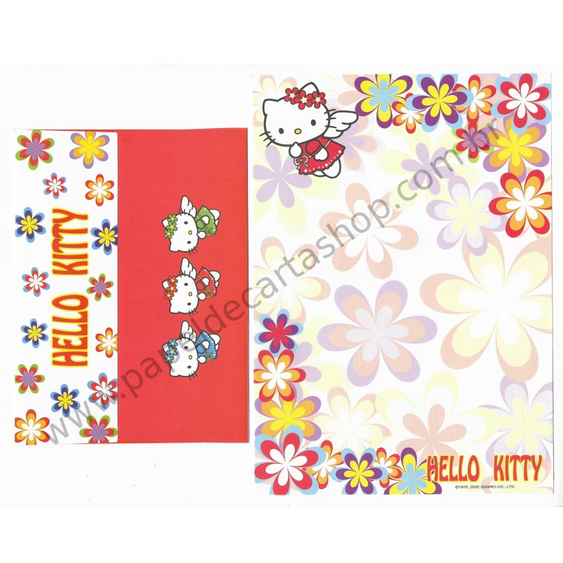 Ano 2002. Conjunto de Papel de Carta Hello Kitty Flower Angels CVM Sanrio