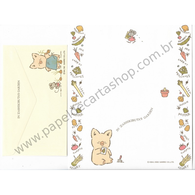 Ano 1990. Conjunto de Papel de Carta Zashikibuta CRE Sanrio Vintage