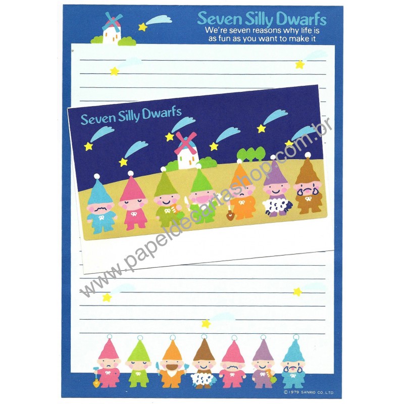 Ano 1979. Conjunto de Papel de Carta Seven Silly Dwarfs Fun Vintage Sanrio