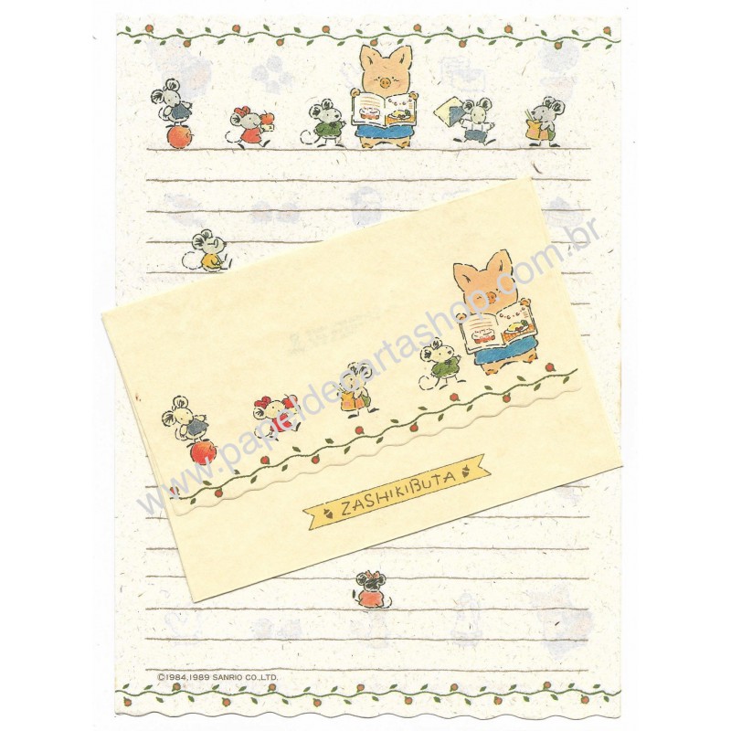 Ano 1989. Conjunto de Papel de Carta Zashikibuta CBE Sanrio Vintage