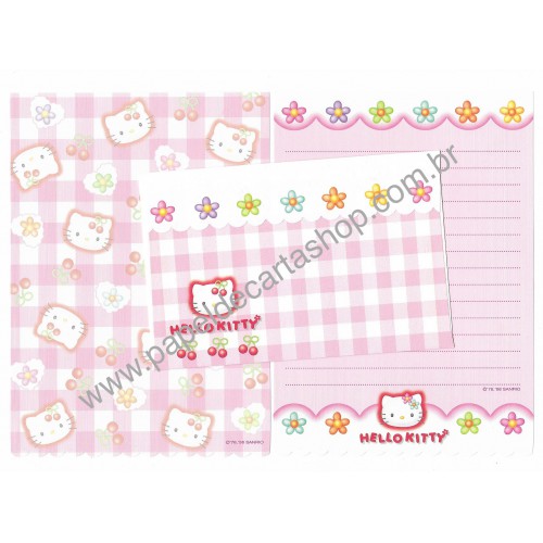 Ano 1998. Conjunto de Papel de Carta Hello Kitty Xadrez 2 Sanrio