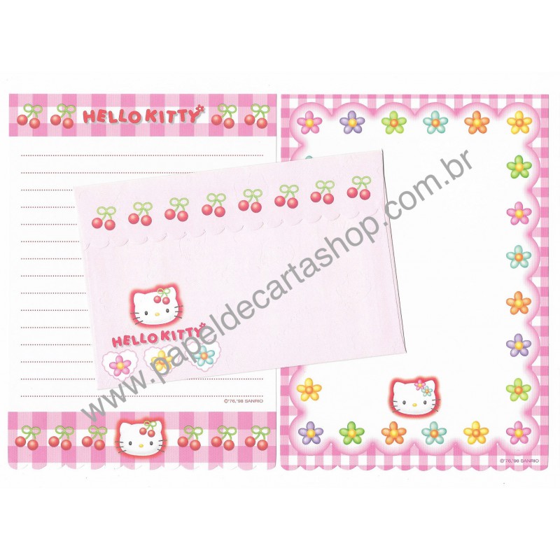 Ano 1998. Conjunto de Papel de Carta Hello Kitty Xadrez 3 Sanrio